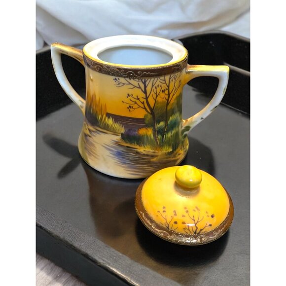 Vintage Japan Hand Painted Landscape Scene Superfine China Covered Sugar and Cre - Picture 4 of 12